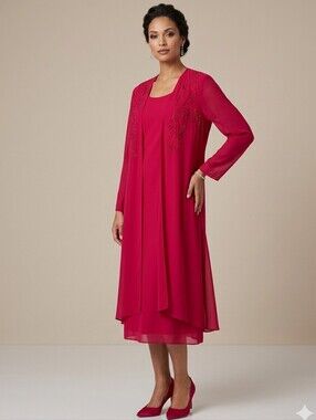 GILANI Vintage Sleeveless Layered Lined Shift Dress with Beaded Chiffon Jacket